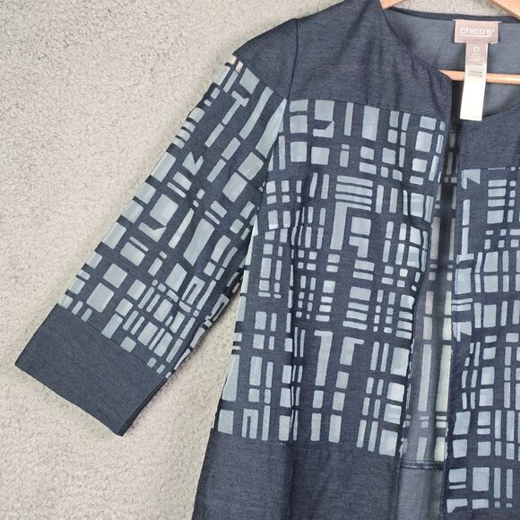 Chicos Lightweight Blue Gray Burnout Jacket Size 0 Geometric Pattern 3/4 Sleeve - Picture 8 of 15